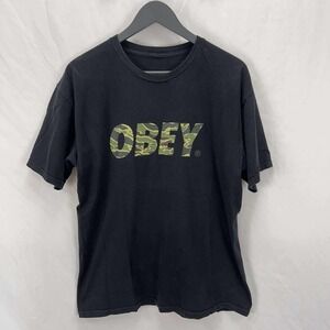 Vintage Obey Camo Logo Spell Out‎ Short Sleeve Black T-Shirt Size M Medium Y2K